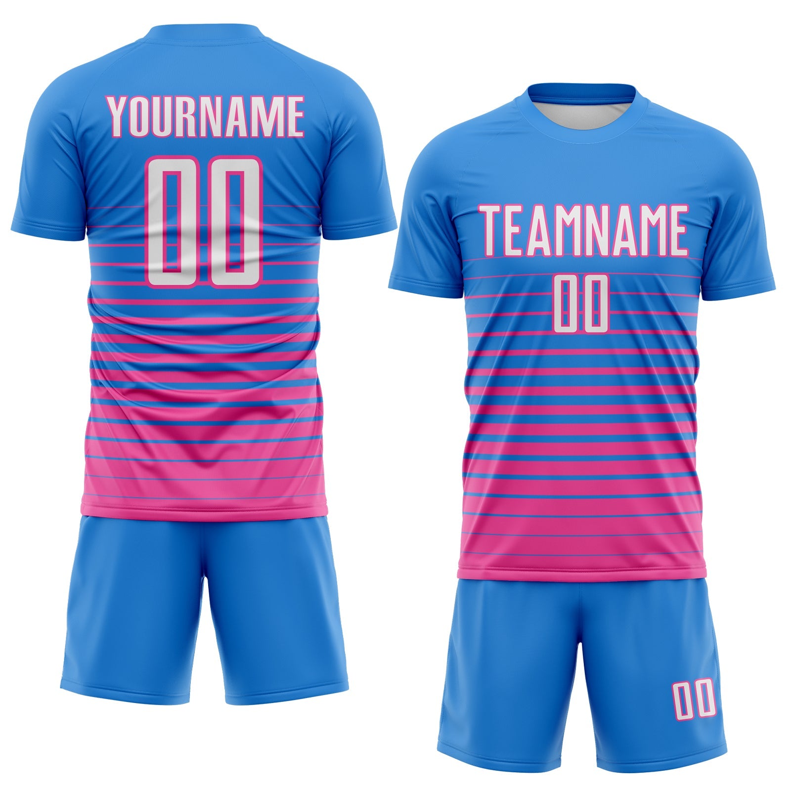 Custom Powder Blue White-Pink Gradient Pinstripe Sublimation Soccer Uniform Jersey view 2