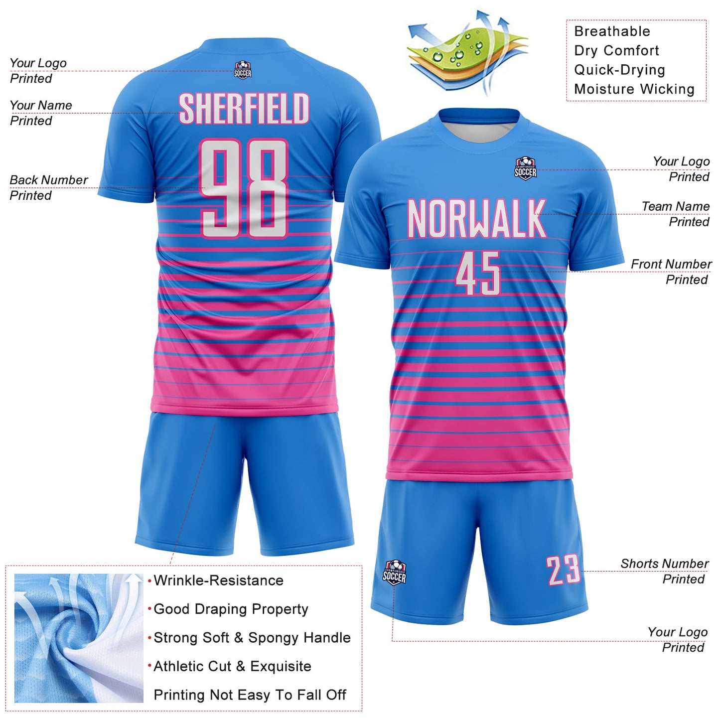 Custom Powder Blue White-Pink Gradient Pinstripe Sublimation Soccer Uniform Jersey view 4