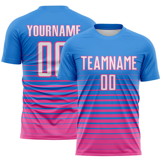 Custom Powder Blue White-Pink Gradient Pinstripe Sublimation Soccer Uniform Jersey - Main View