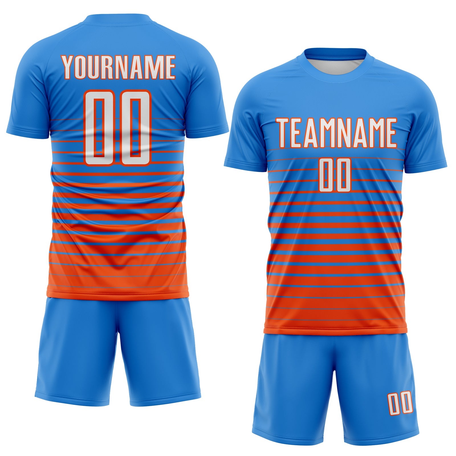 Custom Powder Blue White-Orange Gradient Pinstripe Sublimation Soccer Uniform Jersey view 2