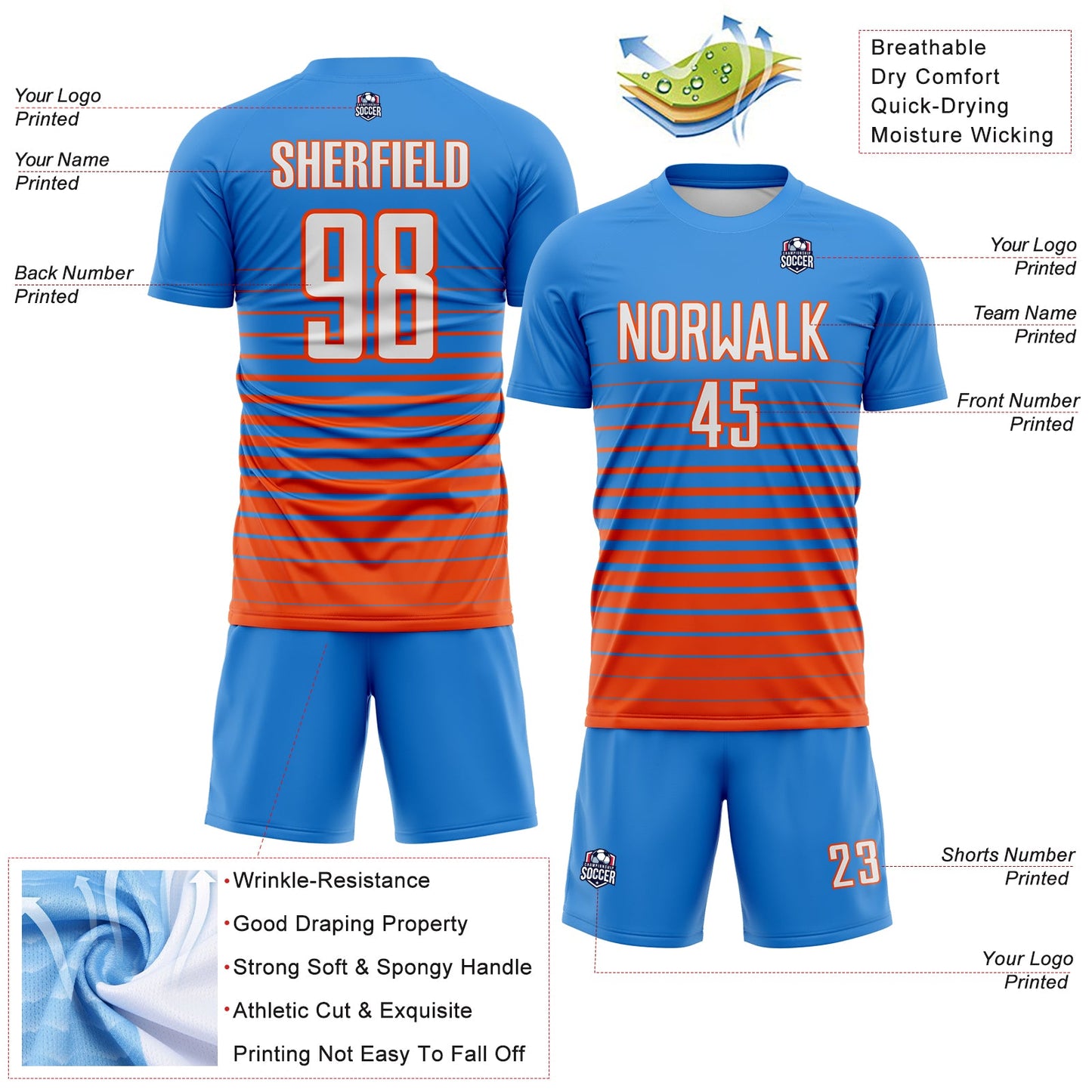 Custom Powder Blue White-Orange Gradient Pinstripe Sublimation Soccer Uniform Jersey view 4