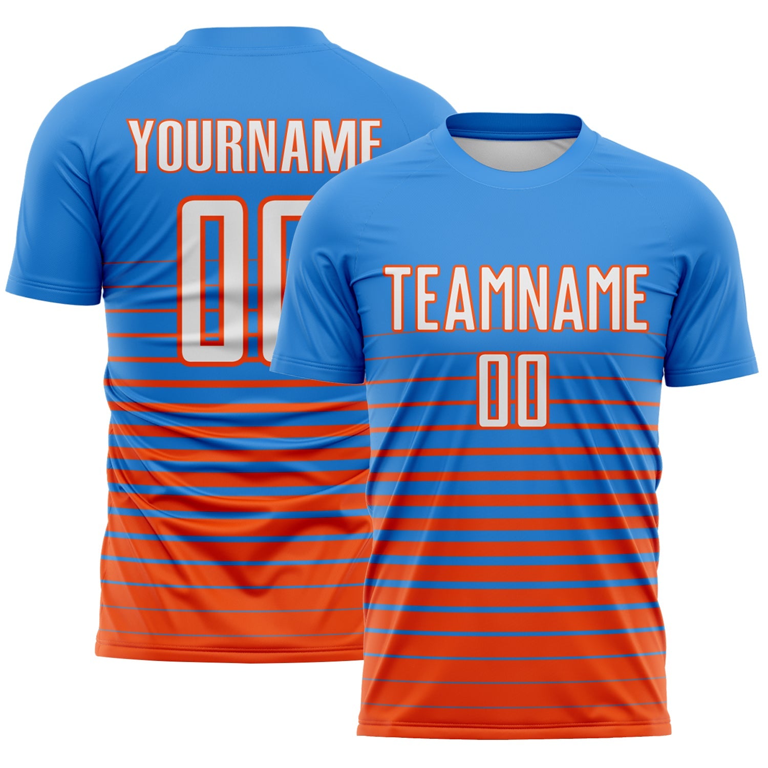 Custom Powder Blue White-Orange Gradient Pinstripe Sublimation Soccer Uniform Jersey - Main View
