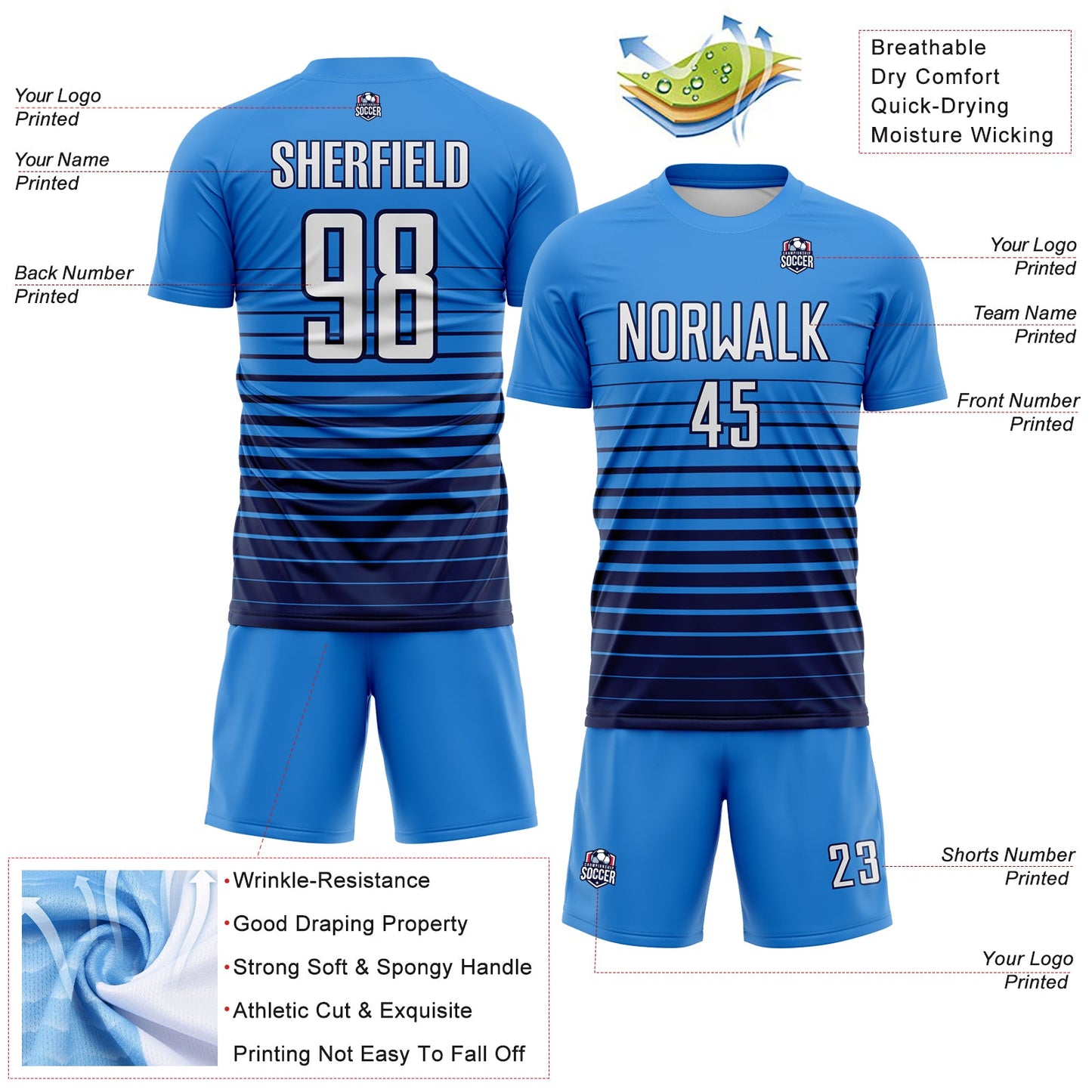 Custom Powder Blue White-Navy Gradient Pinstripe Sublimation Soccer Uniform Jersey view 4