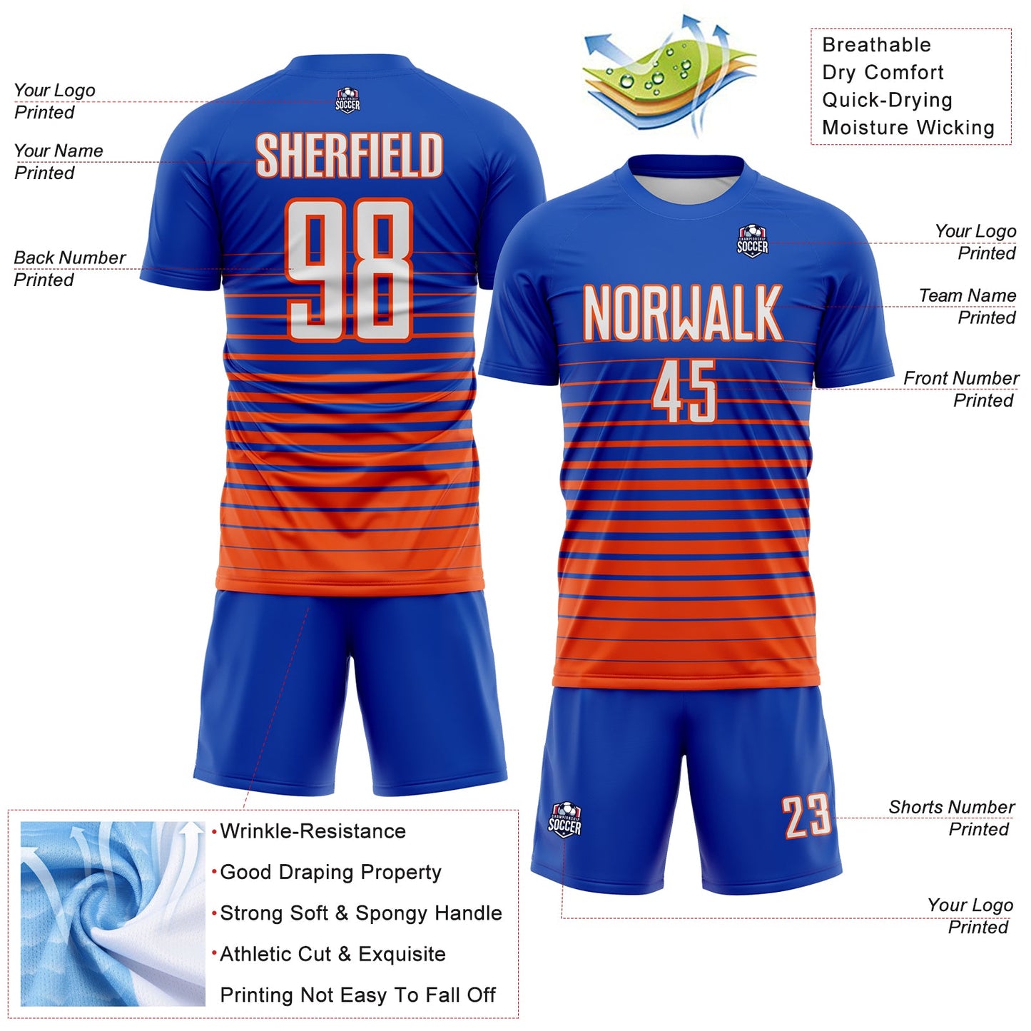 Custom Thunder Blue White-Orange Gradient Pinstripe Sublimation Soccer Uniform Jersey view 4