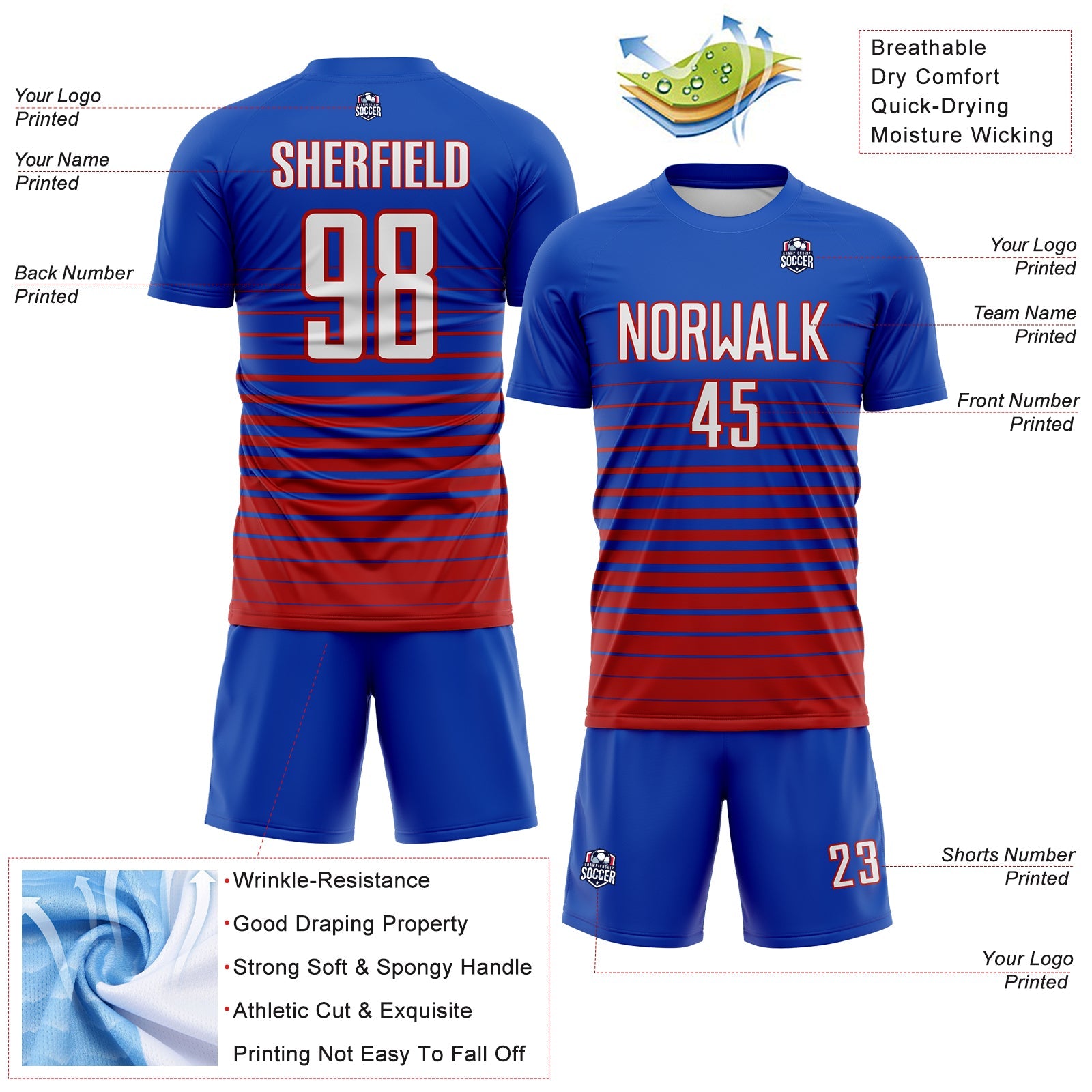 Custom Thunder Blue White-Red Gradient Pinstripe Sublimation Soccer Uniform Jersey view 4