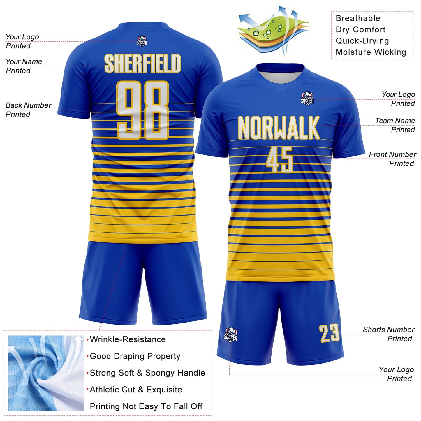 Custom Thunder Blue White-Yellow Gradient Pinstripe Sublimation Soccer Uniform Jersey view 4