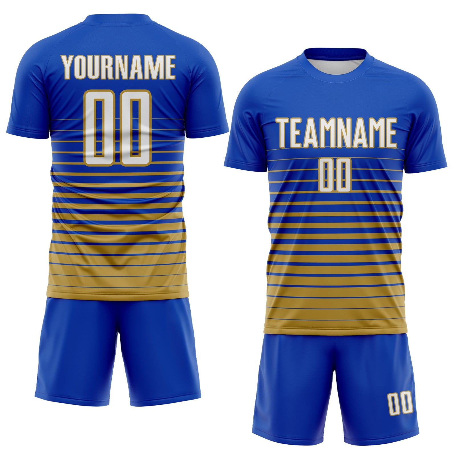 Custom Thunder Blue White-Old Gold Gradient Pinstripe Sublimation Soccer Uniform Jersey view 2