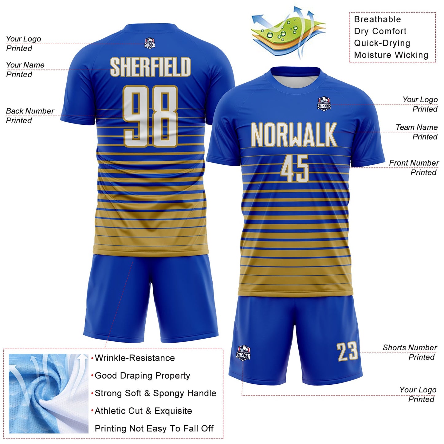 Custom Thunder Blue White-Old Gold Gradient Pinstripe Sublimation Soccer Uniform Jersey view 4