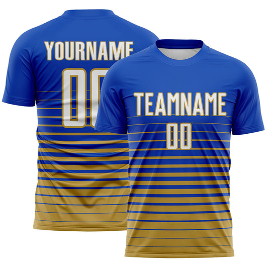 Custom Thunder Blue White-Old Gold Gradient Pinstripe Sublimation Soccer Uniform Jersey - Main View