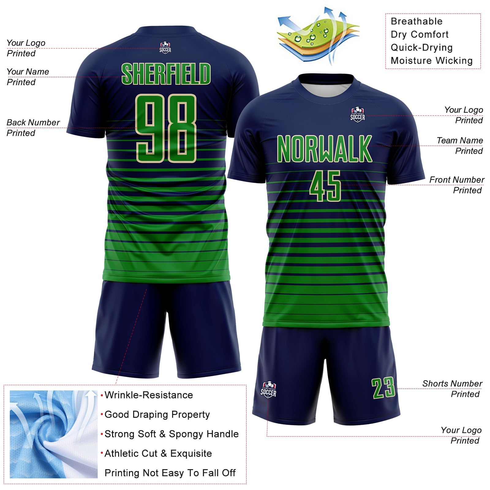 Custom Navy Grass Green-Cream Gradient Pinstripe Sublimation Soccer Uniform Jersey view 4