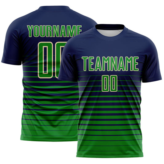 Custom Navy Grass Green-Cream Gradient Pinstripe Sublimation Soccer Uniform Jersey - Main View