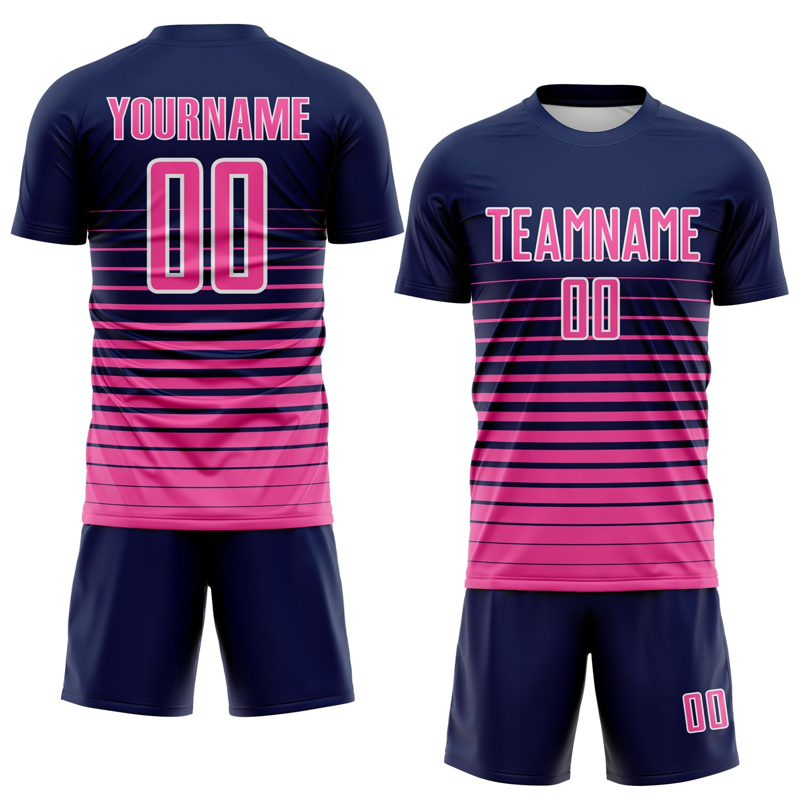 Custom Navy Pink-White Gradient Pinstripe Sublimation Soccer Uniform Jersey view 2