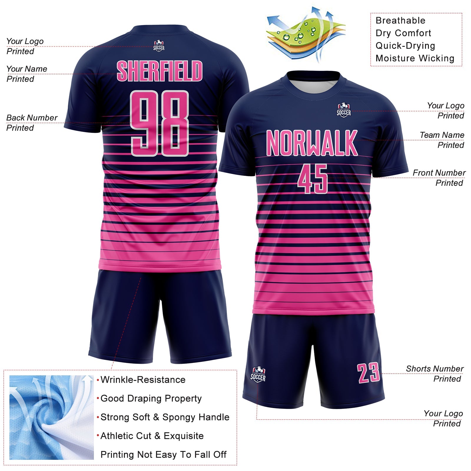 Custom Navy Pink-White Gradient Pinstripe Sublimation Soccer Uniform Jersey view 4