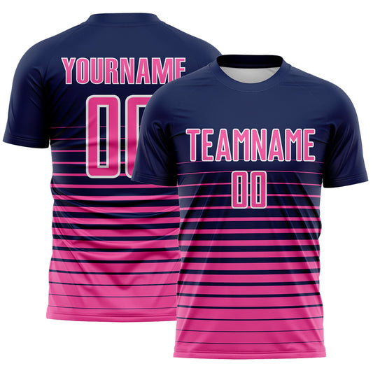 Custom Navy Pink-White Gradient Pinstripe Sublimation Soccer Uniform Jersey - Main View