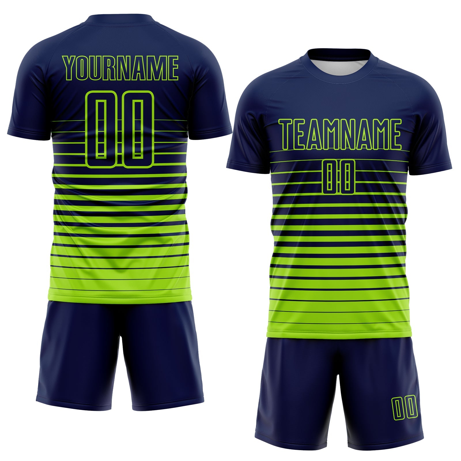 Custom Navy Neon Green Gradient Pinstripe Sublimation Soccer Uniform Jersey view 2