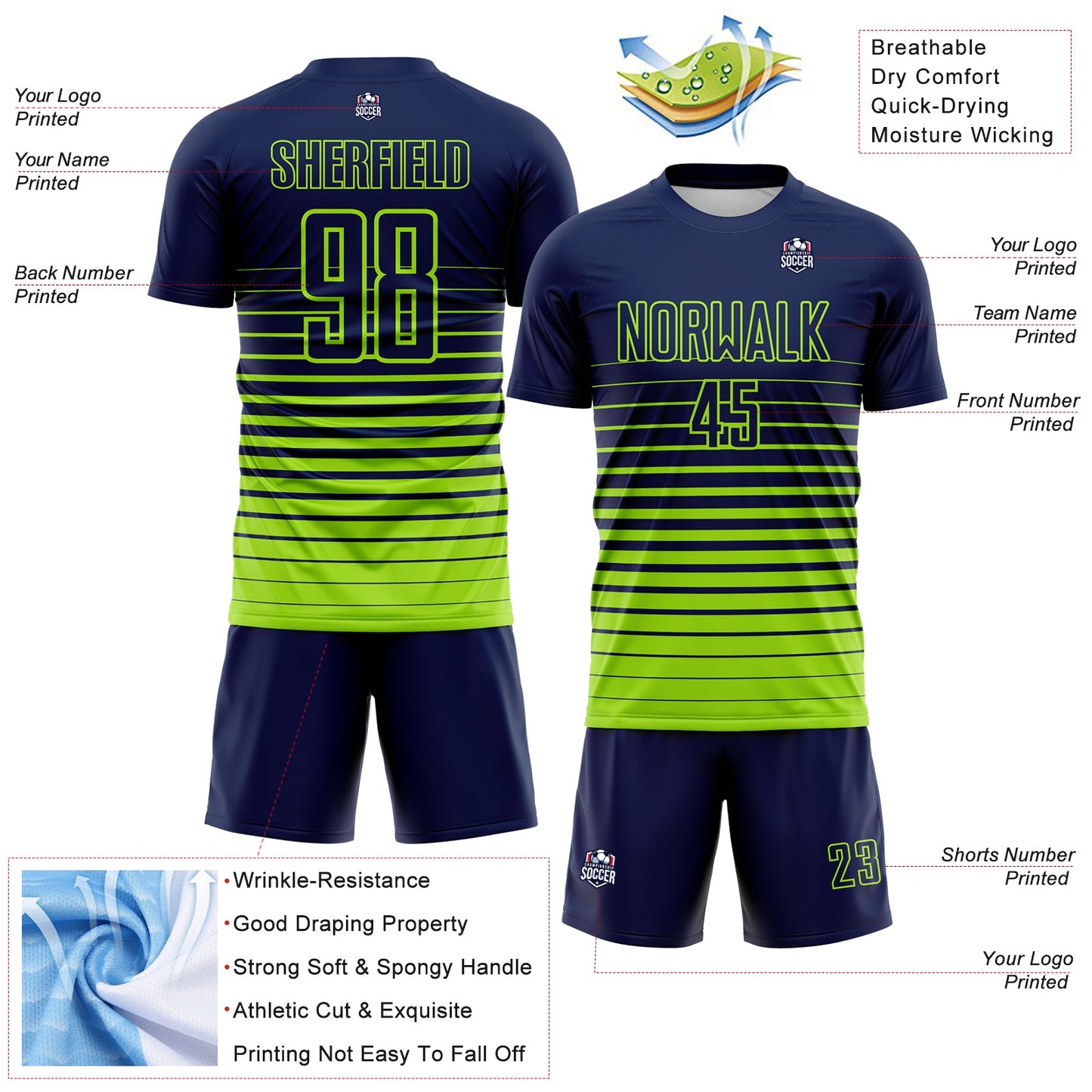 Custom Navy Neon Green Gradient Pinstripe Sublimation Soccer Uniform Jersey view 4