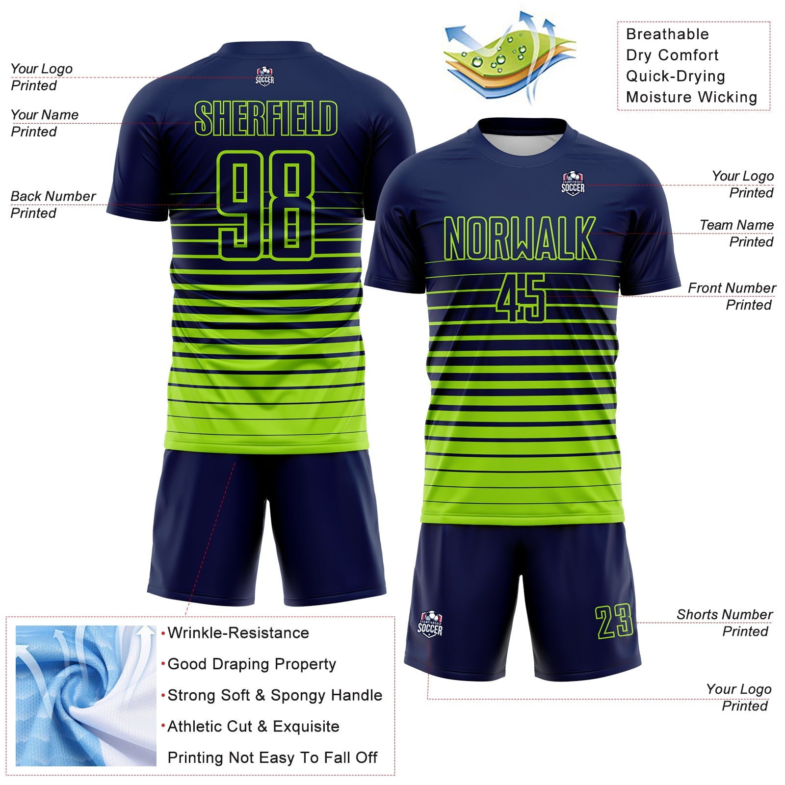 Custom Navy Neon Green Gradient Pinstripe Sublimation Soccer Uniform Jersey view 4