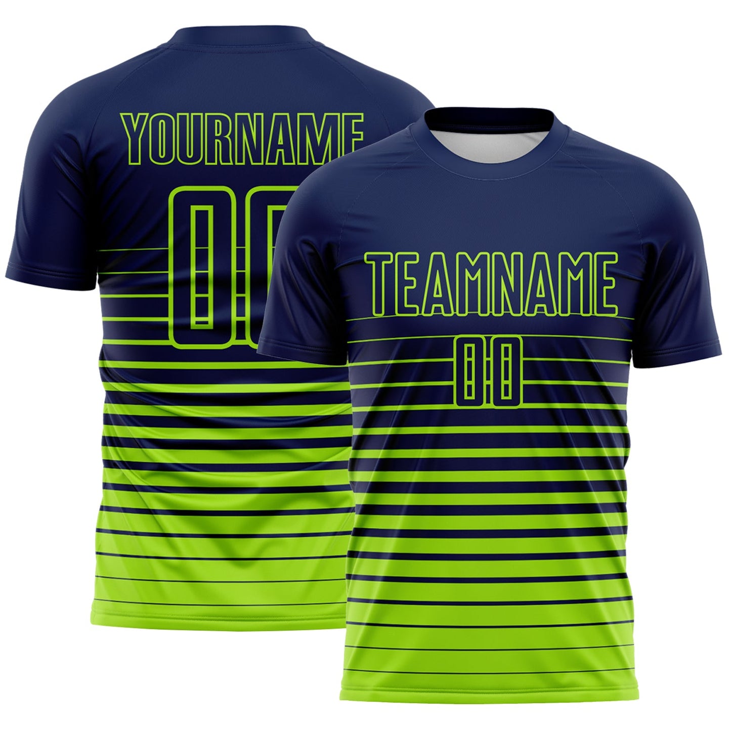 Custom Navy Neon Green Gradient Pinstripe Sublimation Soccer Uniform Jersey - Main View