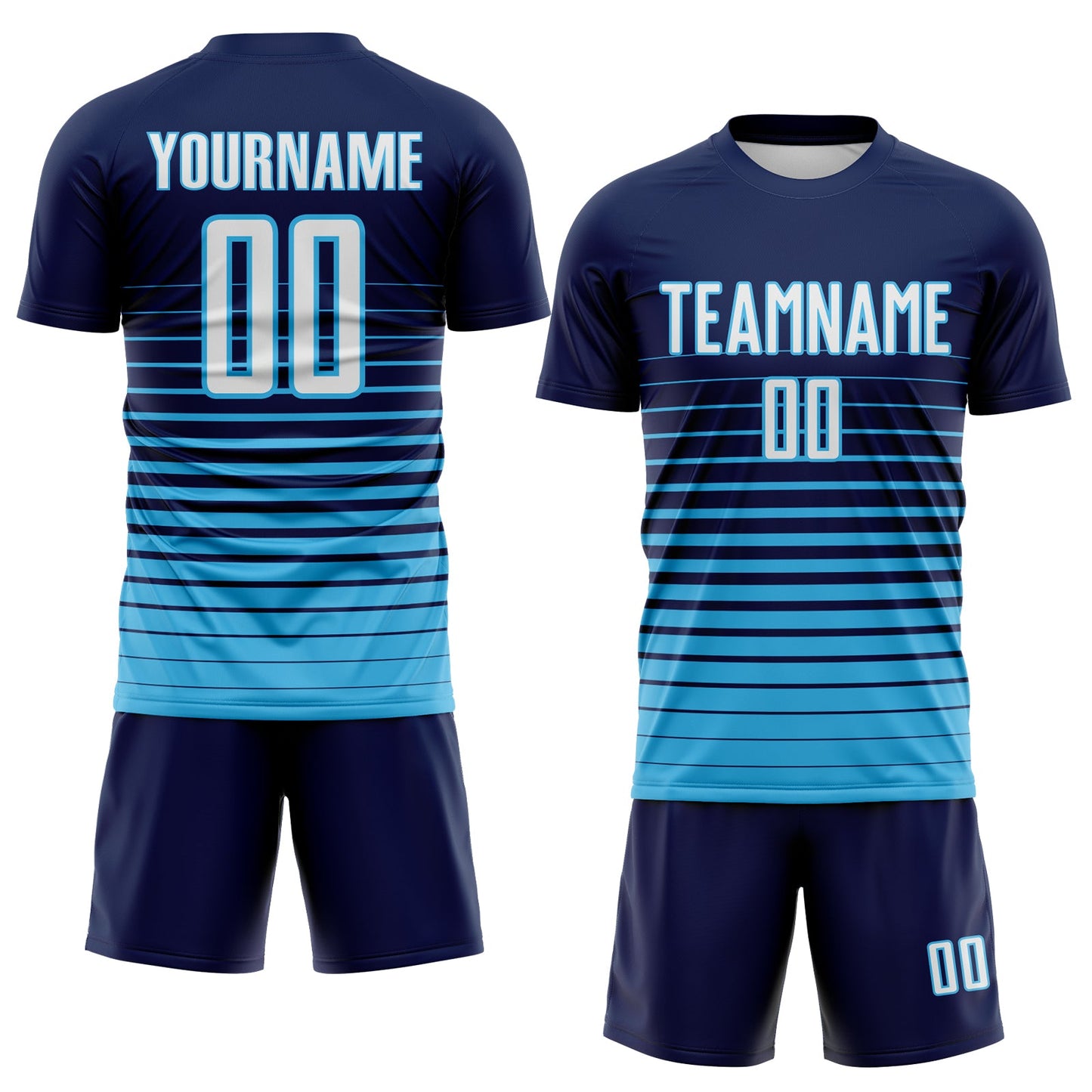 Custom Navy White-Sky Blue Gradient Pinstripe Sublimation Soccer Uniform Jersey view 2