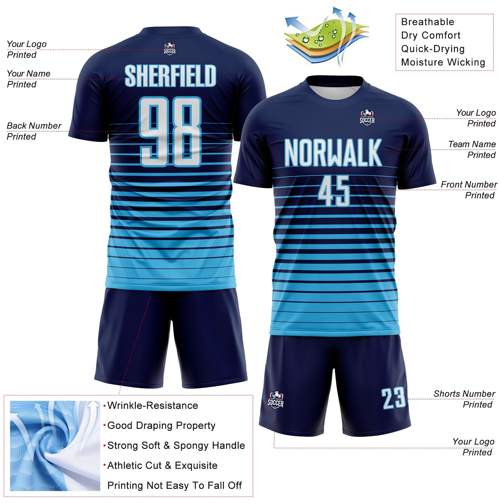 Custom Navy White-Sky Blue Gradient Pinstripe Sublimation Soccer Uniform Jersey view 4