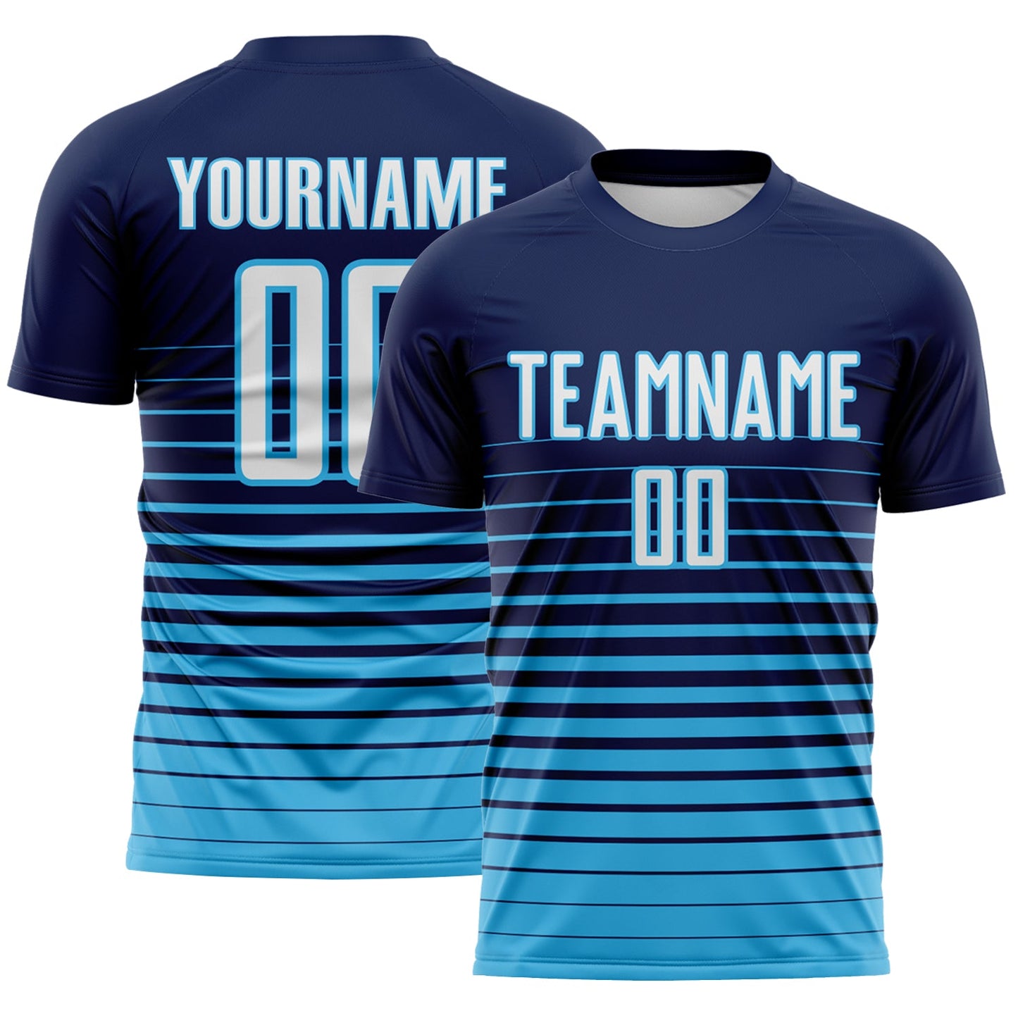 Custom Navy White-Sky Blue Gradient Pinstripe Sublimation Soccer Uniform Jersey - Main View