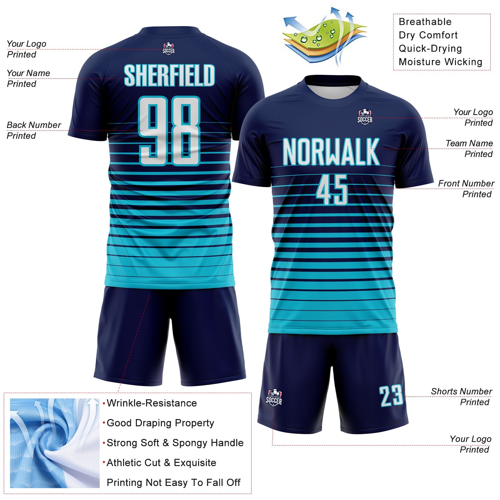 Custom Navy White-Lakes Blue Gradient Pinstripe Sublimation Soccer Uniform Jersey view 4