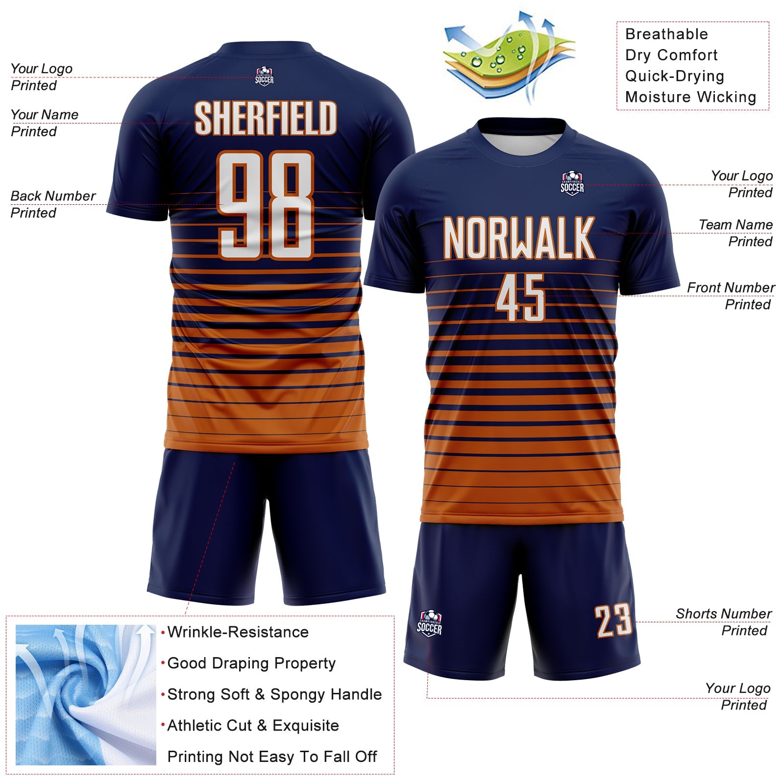 Custom Navy White-Bay Orange Gradient Pinstripe Sublimation Soccer Uniform Jersey view 4
