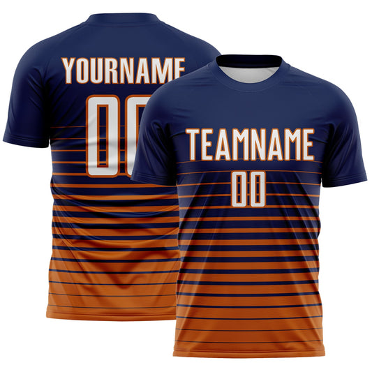 Custom Navy White-Bay Orange Gradient Pinstripe Sublimation Soccer Uniform Jersey - Main View