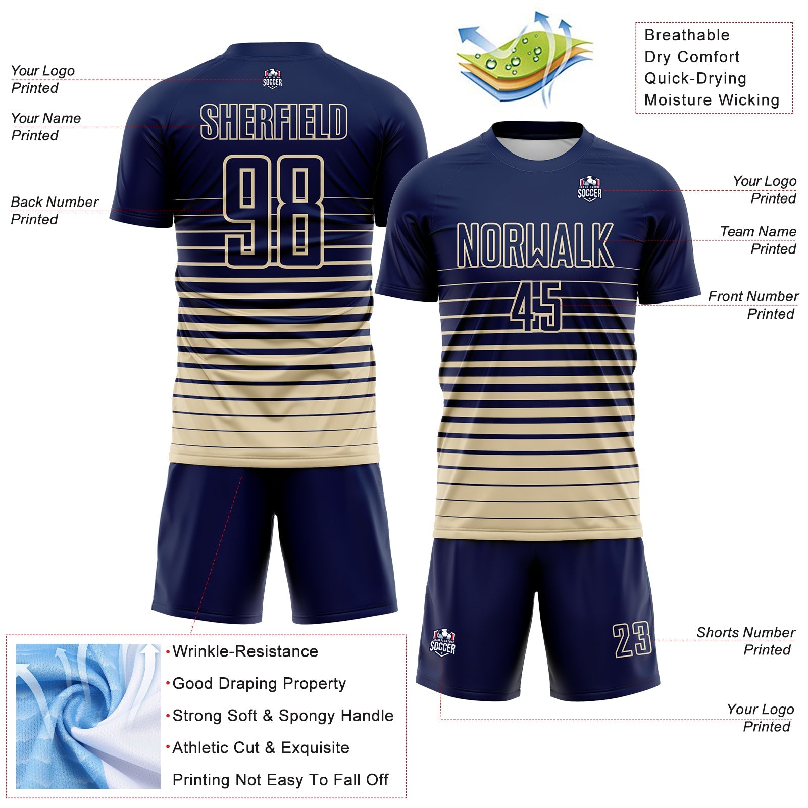 Custom Navy Cream Gradient Pinstripe Sublimation Soccer Uniform Jersey view 4