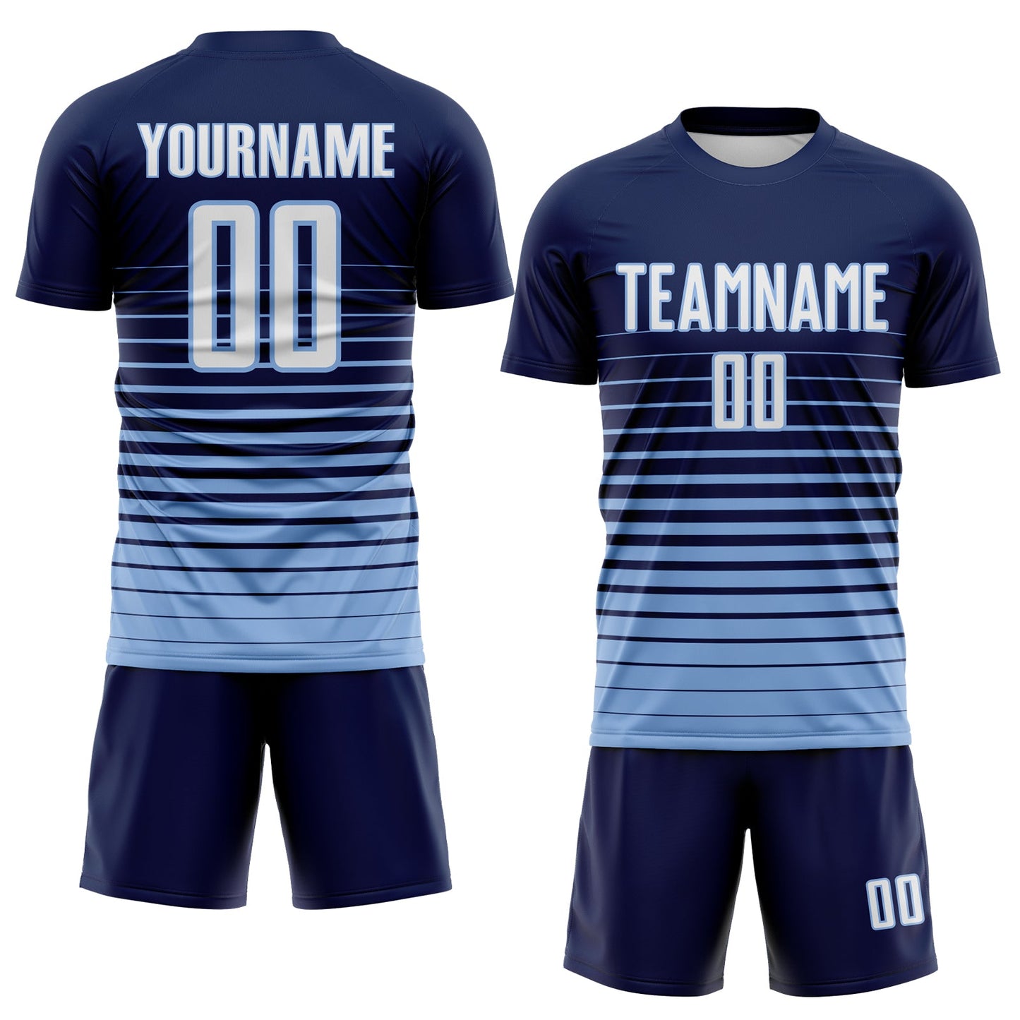 Custom Navy White-Light Blue Gradient Pinstripe Sublimation Soccer Uniform Jersey view 2