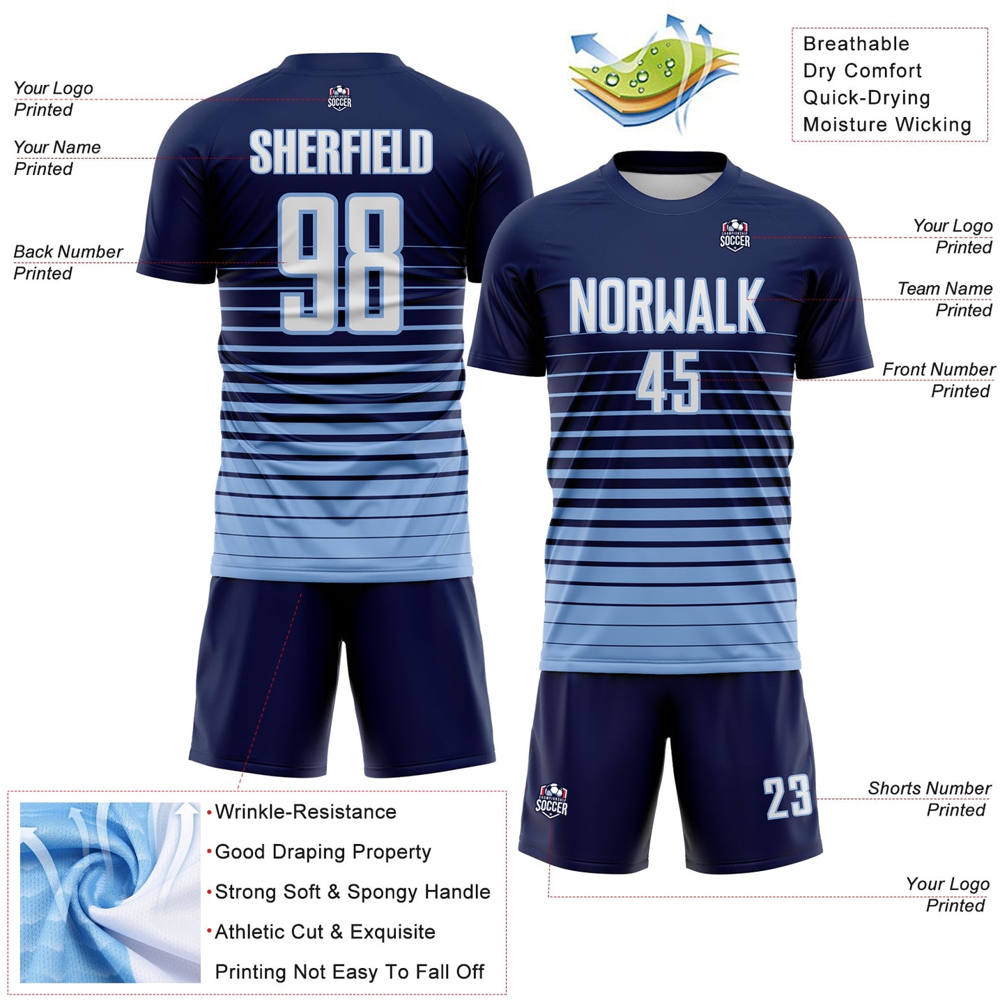 Custom Navy White-Light Blue Gradient Pinstripe Sublimation Soccer Uniform Jersey view 4