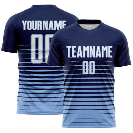 Custom Navy White-Light Blue Gradient Pinstripe Sublimation Soccer Uniform Jersey - Main View