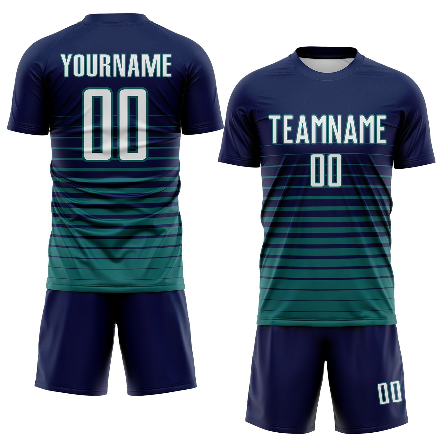 Custom Navy White-Teal Gradient Pinstripe Sublimation Soccer Uniform Jersey view 2