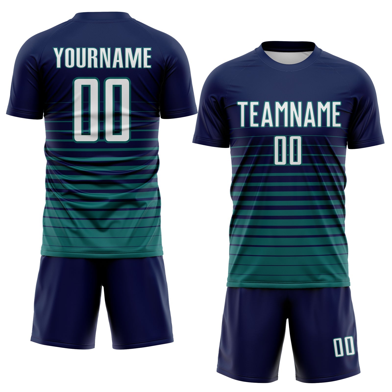 Custom Navy White-Teal Gradient Pinstripe Sublimation Soccer Uniform Jersey view 2