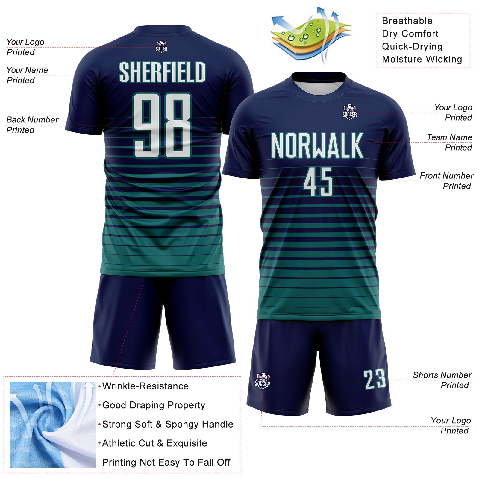 Custom Navy White-Teal Gradient Pinstripe Sublimation Soccer Uniform Jersey view 4