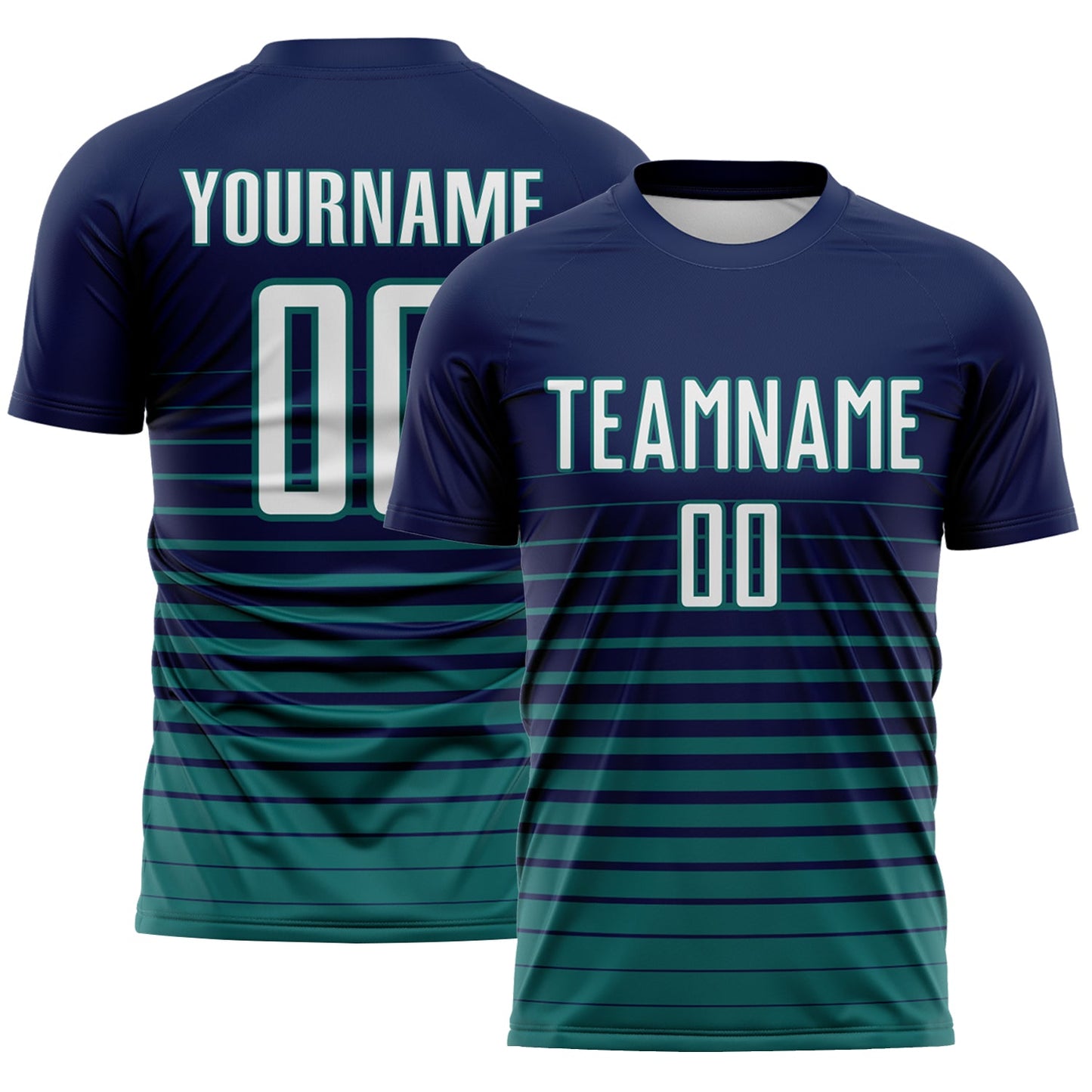 Custom Navy White-Teal Gradient Pinstripe Sublimation Soccer Uniform Jersey - Main View
