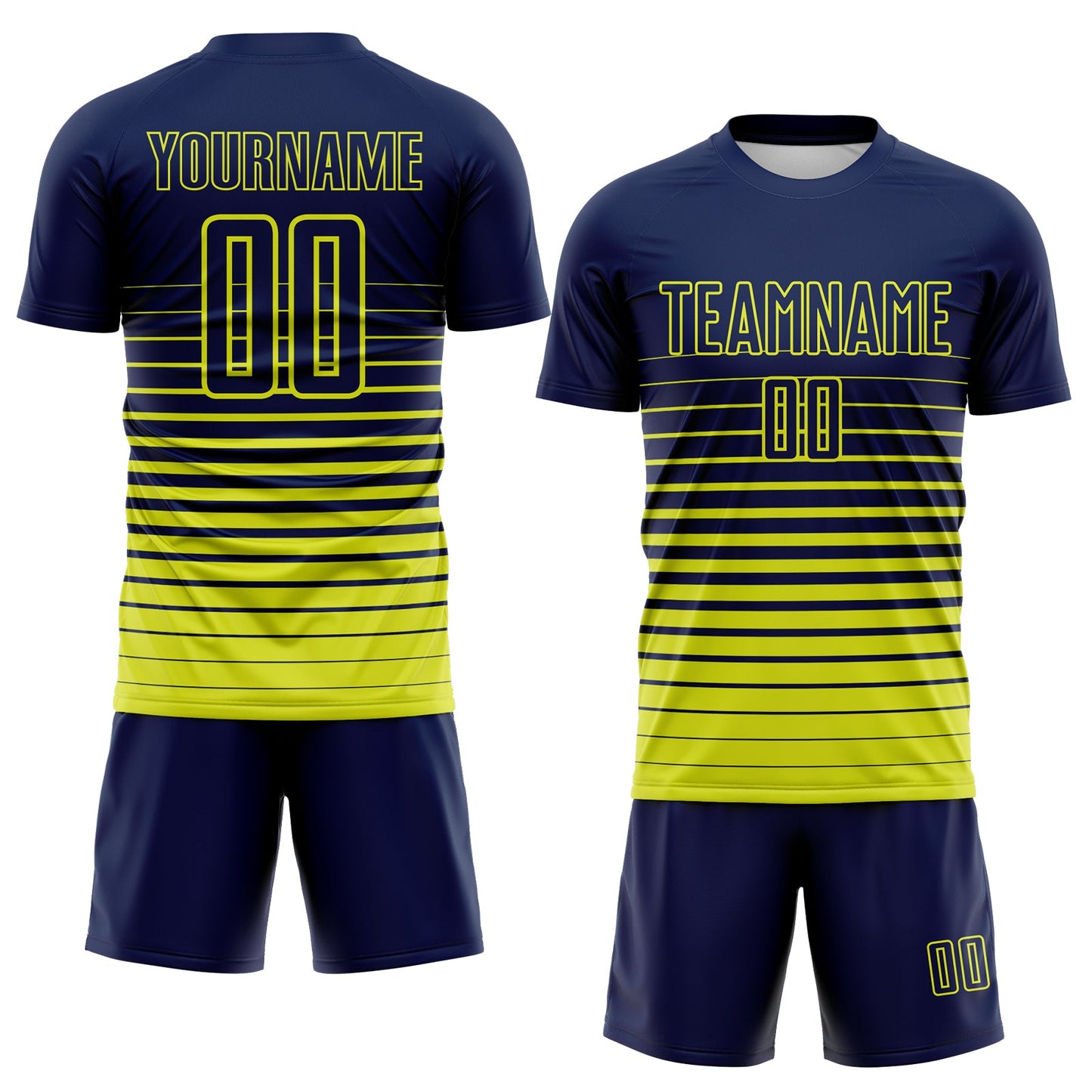 Custom Navy Neon Yellow Gradient Pinstripe Sublimation Soccer Uniform Jersey view 2