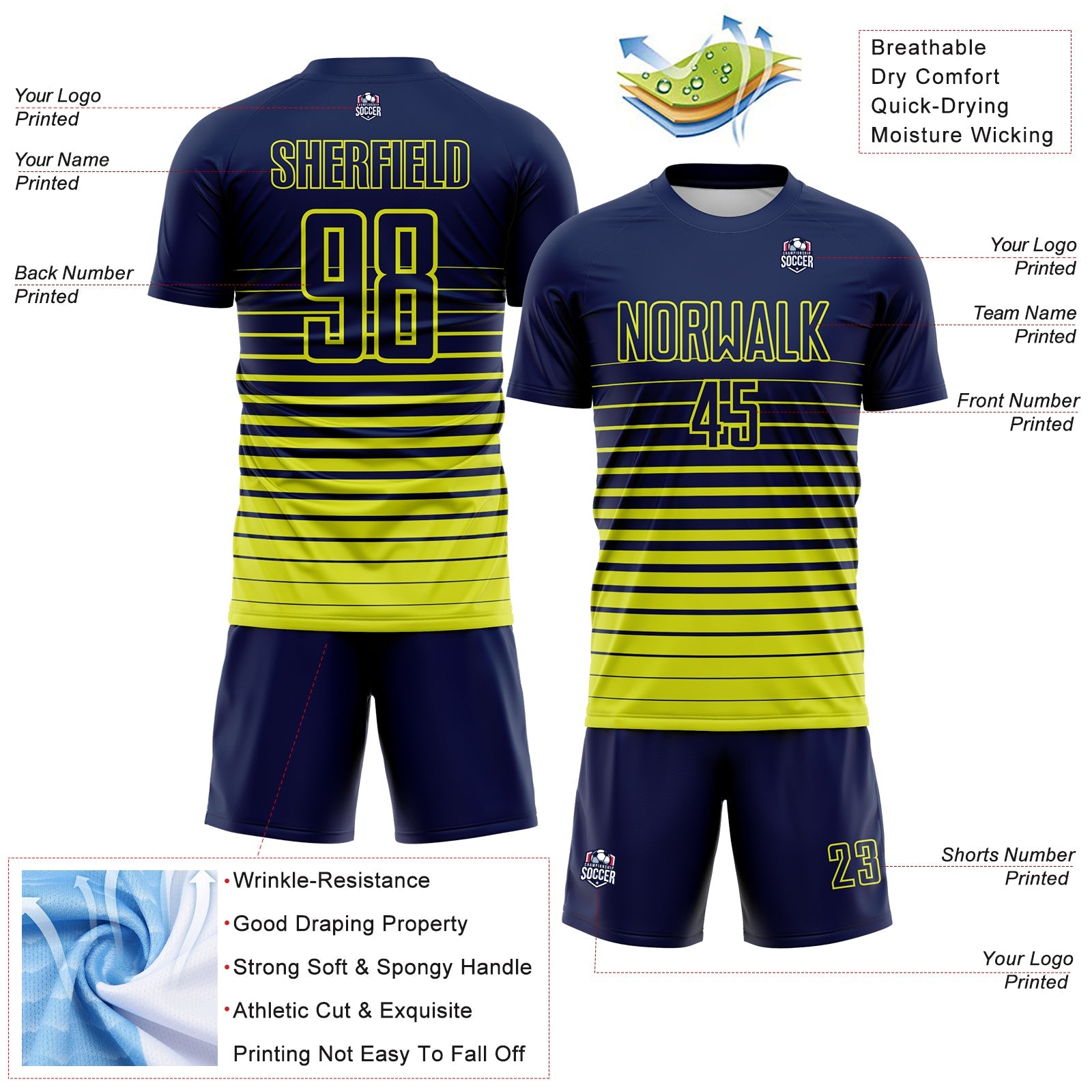 Custom Navy Neon Yellow Gradient Pinstripe Sublimation Soccer Uniform Jersey view 4