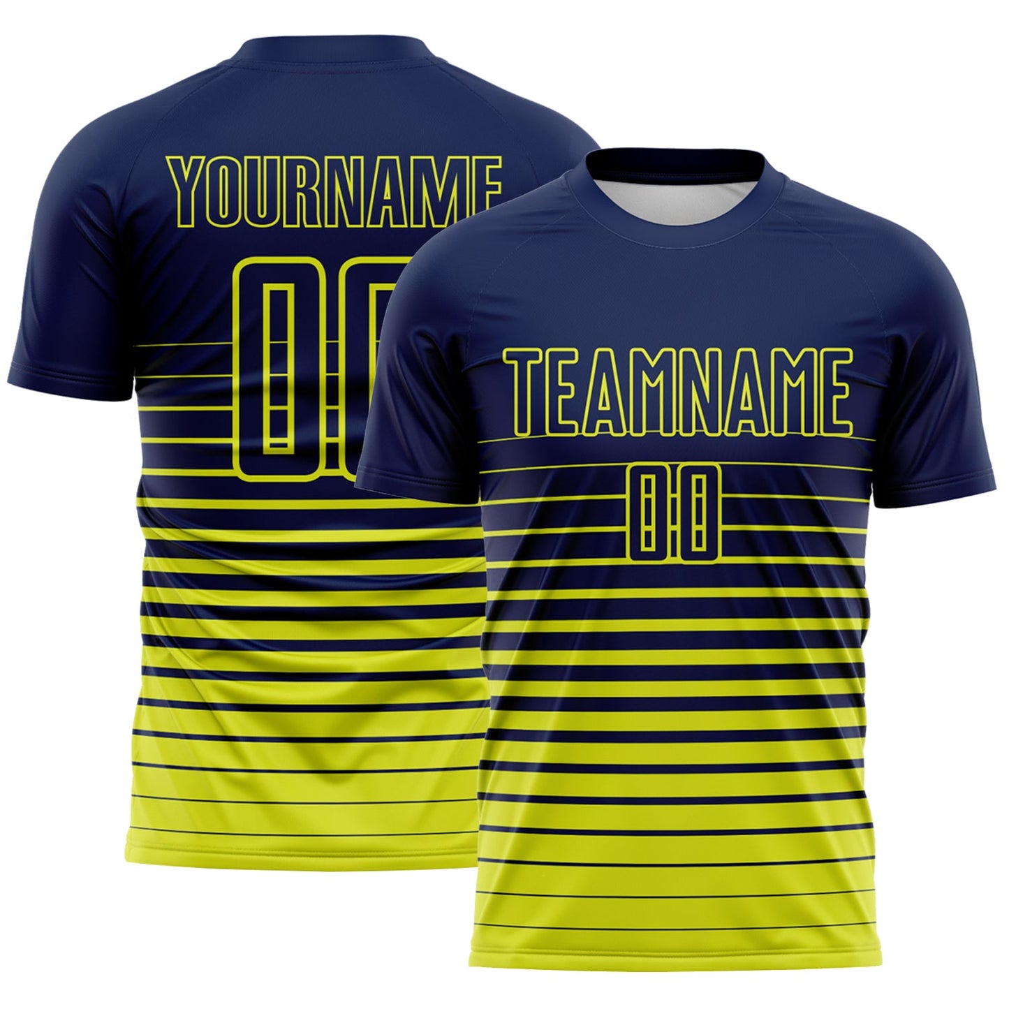 Custom Navy Neon Yellow Gradient Pinstripe Sublimation Soccer Uniform Jersey - Main View