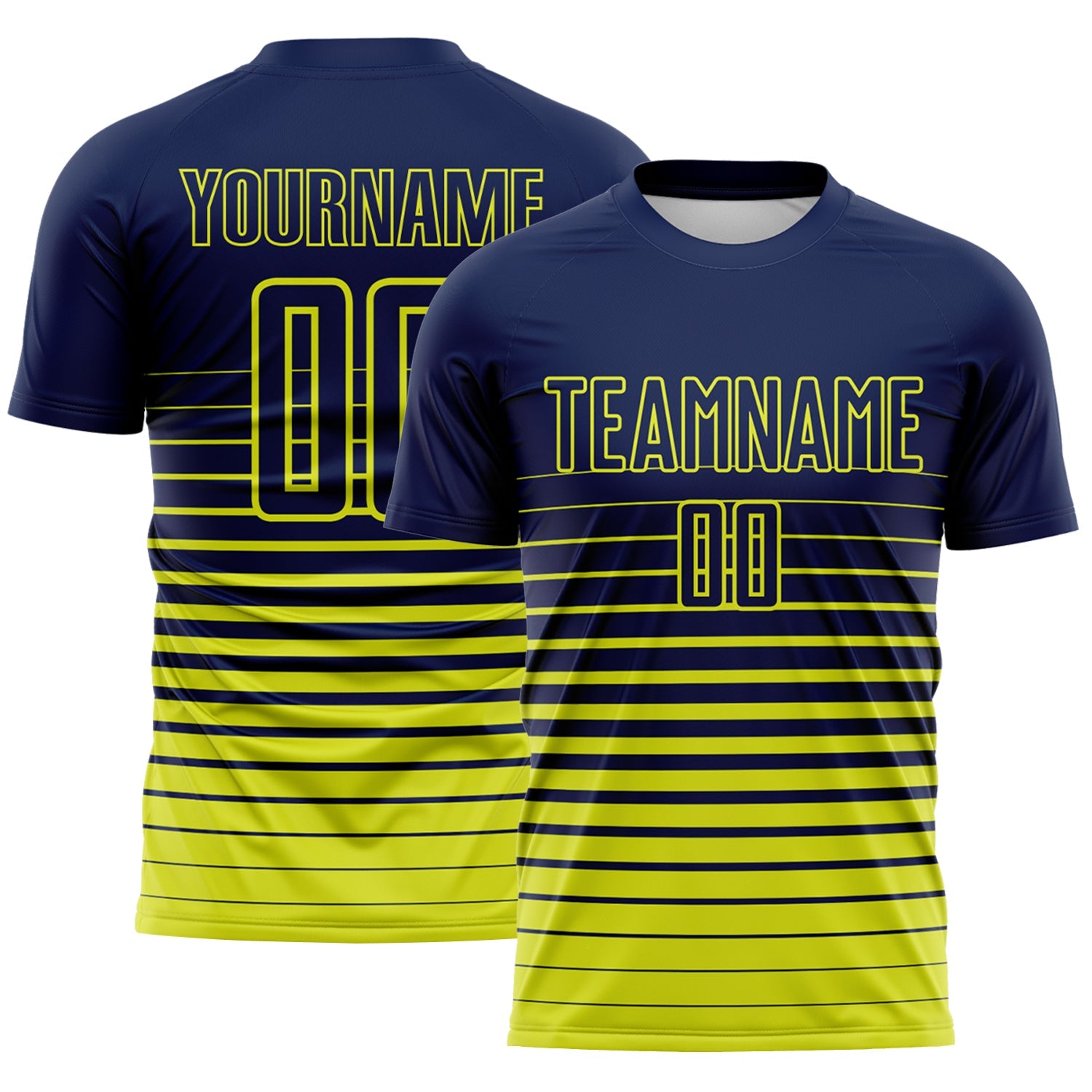 Custom Navy Neon Yellow Gradient Pinstripe Sublimation Soccer Uniform Jersey - Main View