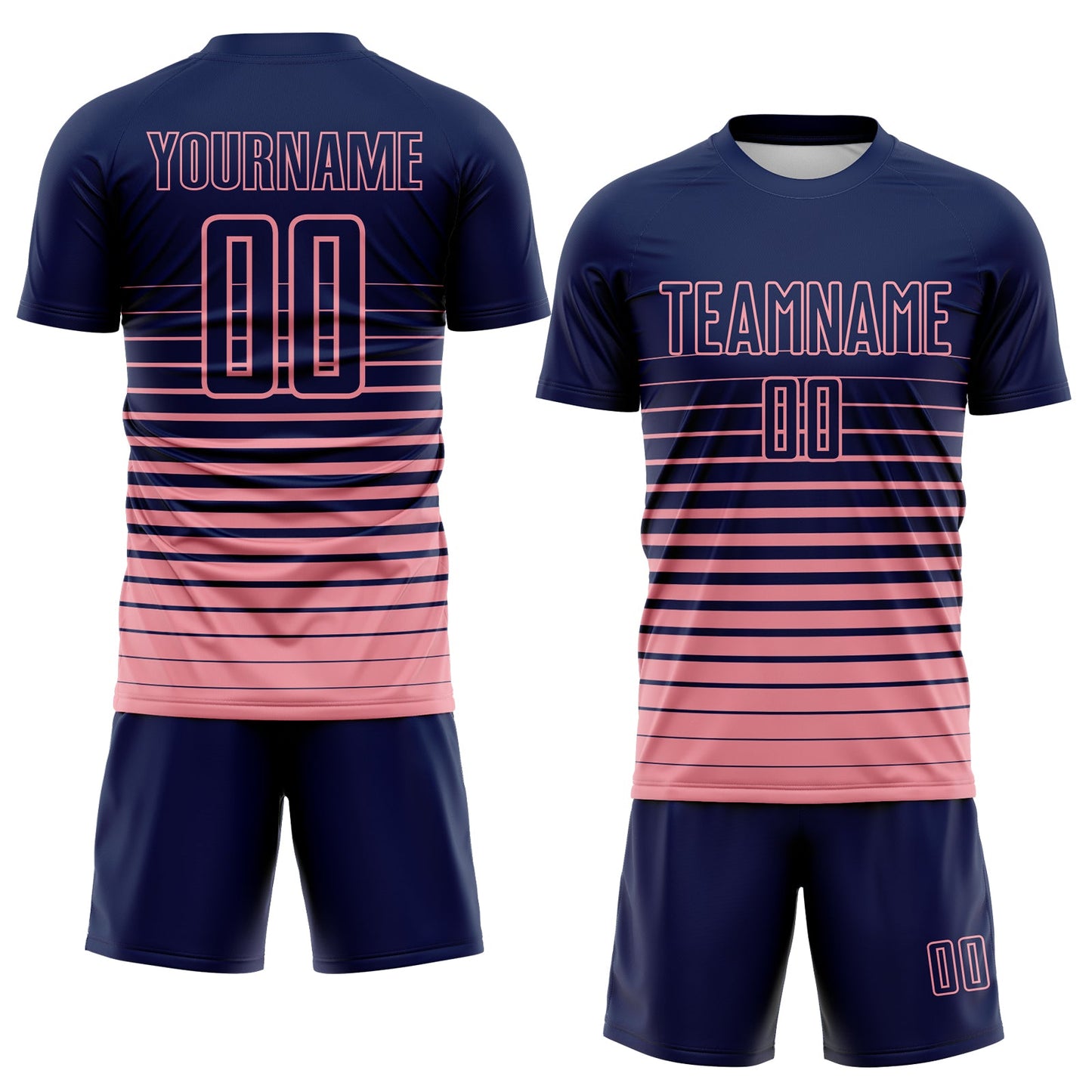 Custom Navy Medium Pink Gradient Pinstripe Sublimation Soccer Uniform Jersey view 2