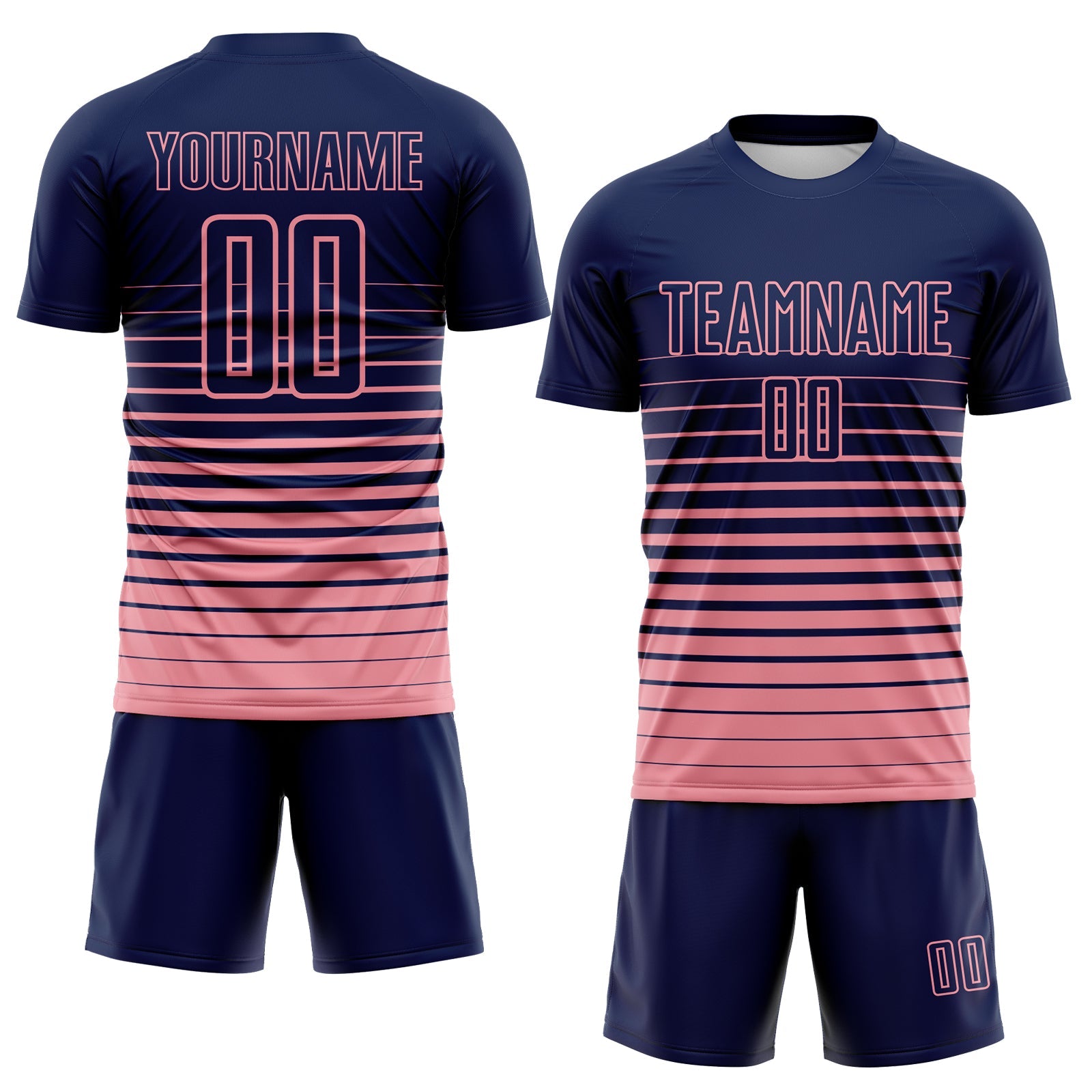 Custom Navy Medium Pink Gradient Pinstripe Sublimation Soccer Uniform Jersey view 2