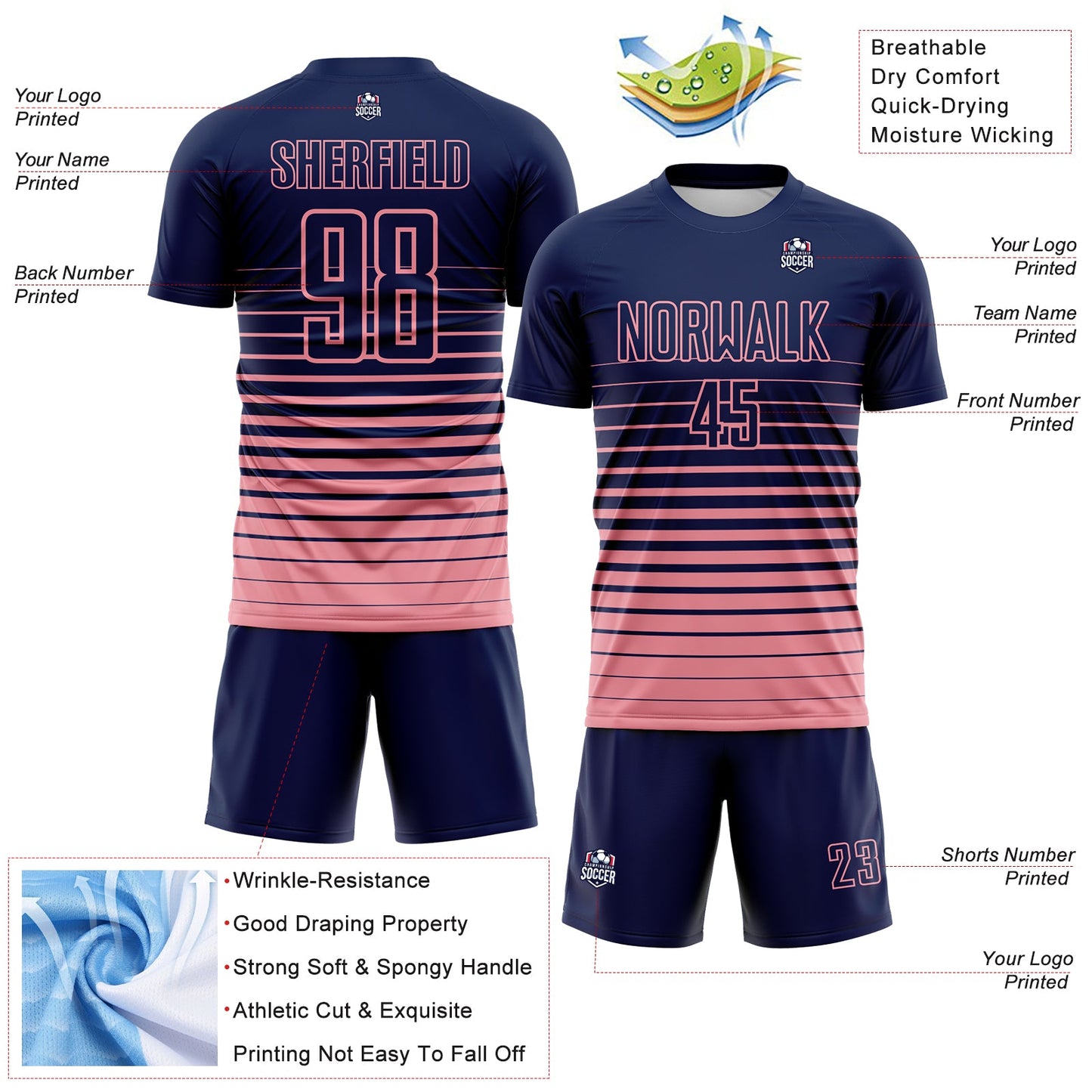 Custom Navy Medium Pink Gradient Pinstripe Sublimation Soccer Uniform Jersey view 4