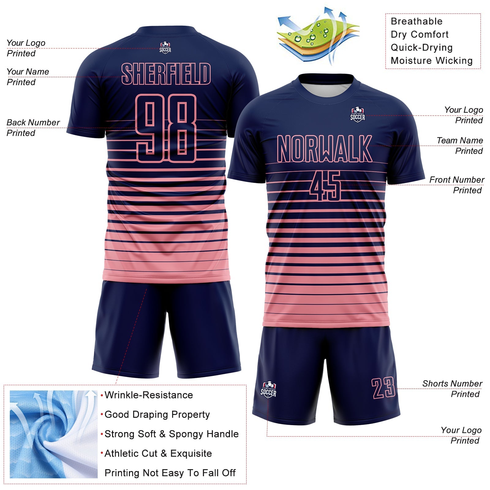 Custom Navy Medium Pink Gradient Pinstripe Sublimation Soccer Uniform Jersey view 4