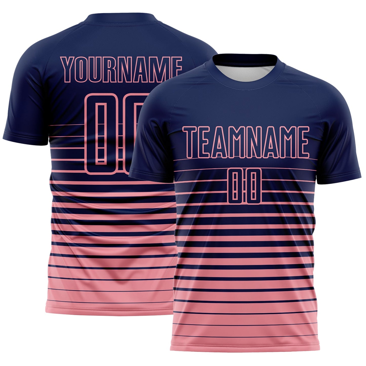 Custom Navy Medium Pink Gradient Pinstripe Sublimation Soccer Uniform Jersey - Main View