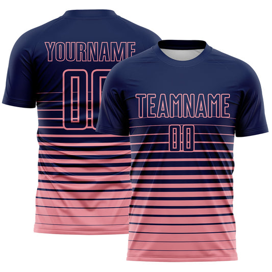 Custom Navy Medium Pink Gradient Pinstripe Sublimation Soccer Uniform Jersey - Main View