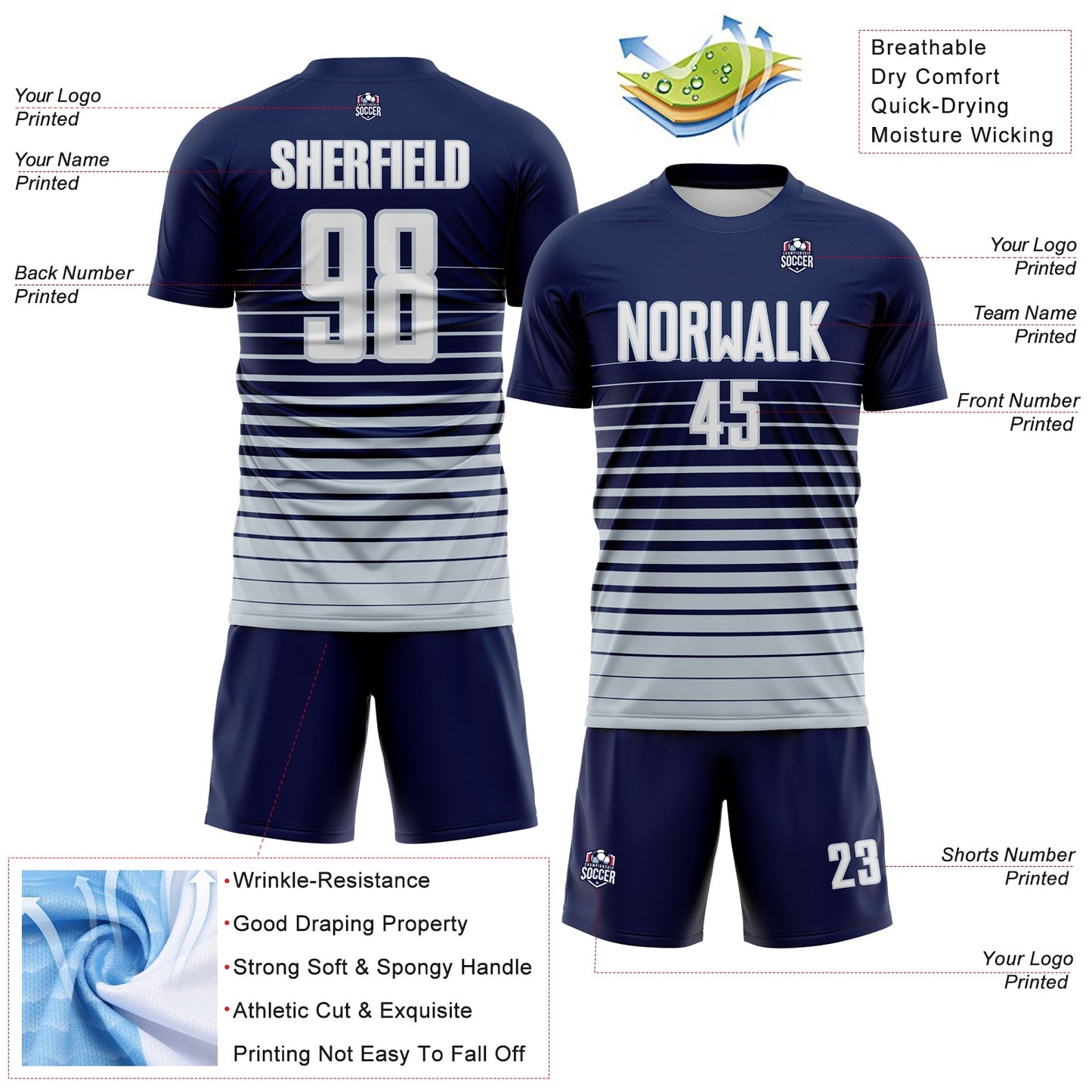 Custom Navy White-Silver Gradient Pinstripe Sublimation Soccer Uniform Jersey view 4