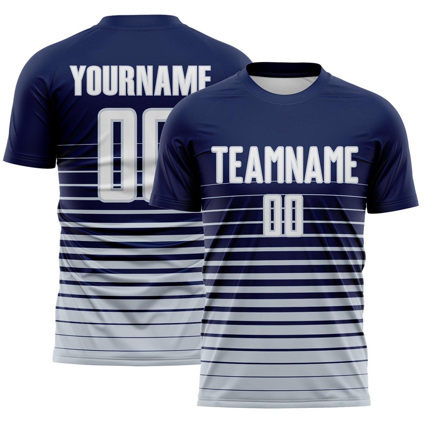 Custom Navy White-Silver Gradient Pinstripe Sublimation Soccer Uniform Jersey - Main View