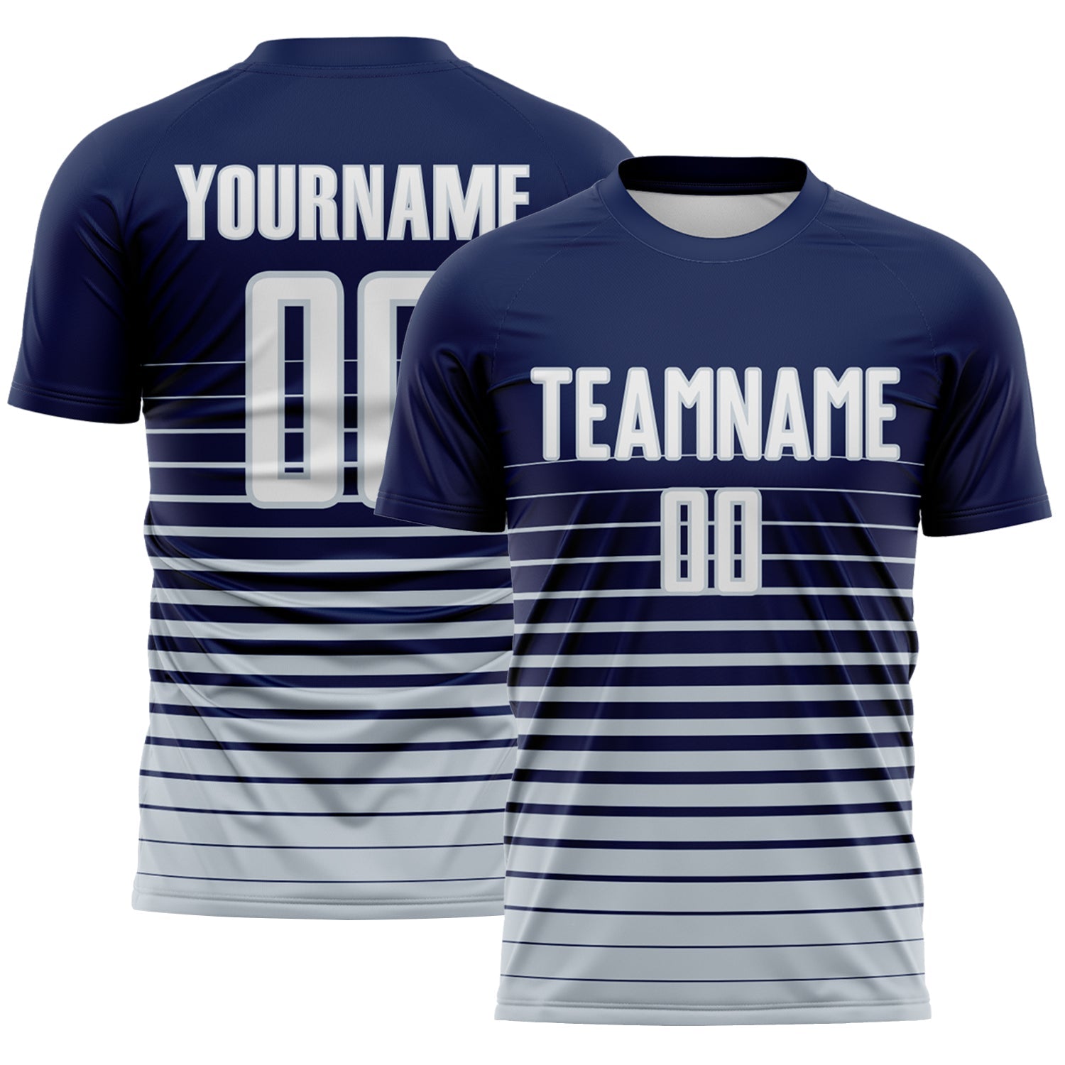 Custom Navy White-Silver Gradient Pinstripe Sublimation Soccer Uniform Jersey - Main View