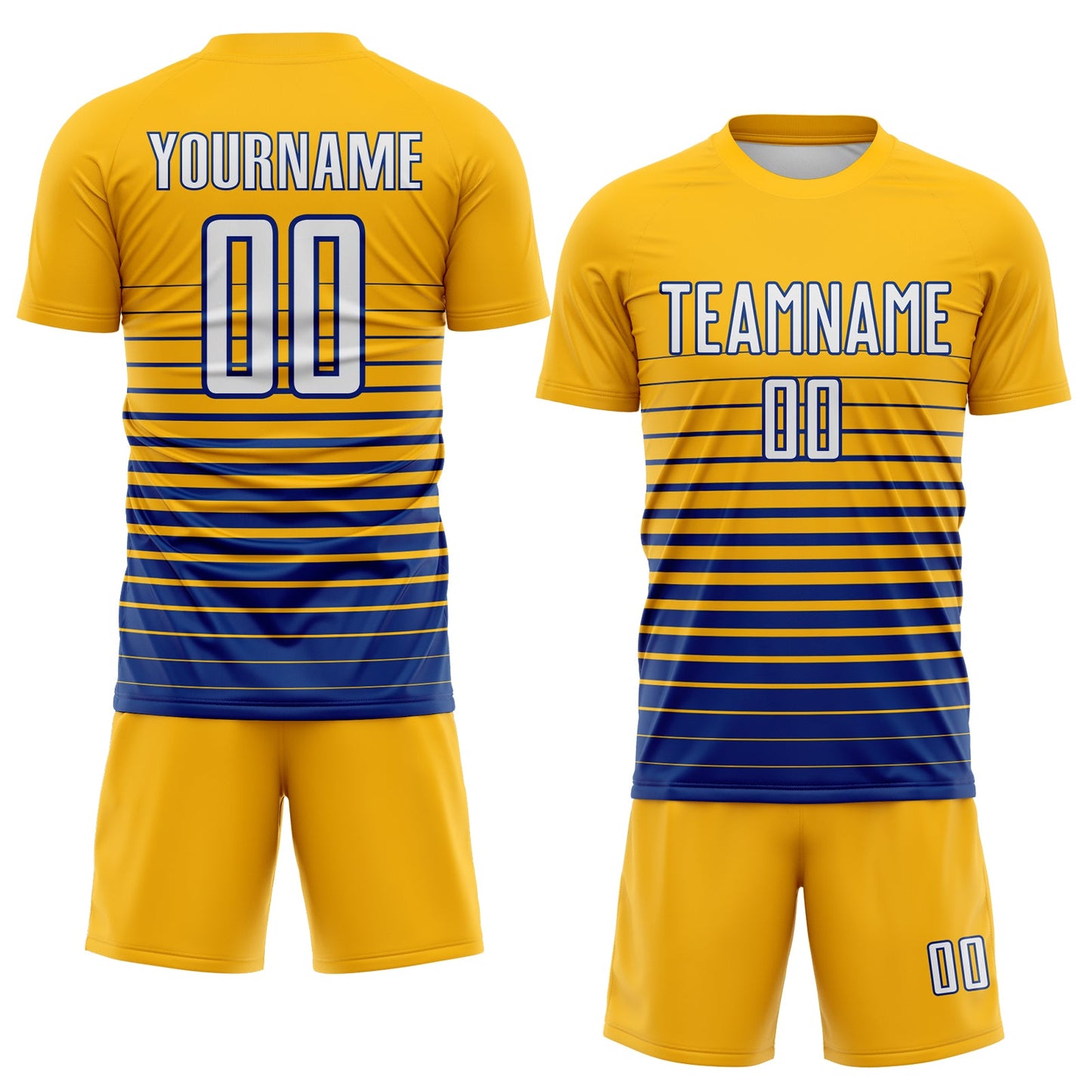 Custom Gold White-Royal Gradient Pinstripe Sublimation Soccer Uniform Jersey view 2